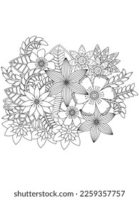 Vektorschwarz-weiße Farbseite zum Färben des Buches. Blätter und Blumen in einfarbigen Farben. Blütenzeichnung der Doodle. Kunsttherapie-Farbseite.Schöner Blumenpaisley aus Bangladesch nahtloser Ornament