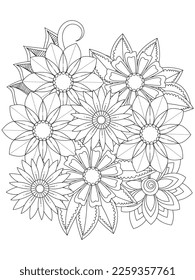 Vector black and white coloring page for coloring book. Leaves and flowers in monochrome colors. Doodle floral drawing. Art therapy coloring page.Beautiful Bangladeshi floral paisley seamless ornament