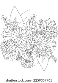 Vektorschwarz-weiße Farbseite zum Färben des Buches. Blätter und Blumen in einfarbigen Farben. Blütenzeichnung der Doodle. Kunsttherapie-Farbseite.Schöner Blumenpaisley aus Bangladesch nahtloser Ornament