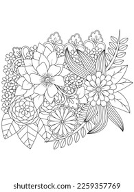 Página de coloreo vectorial en blanco y negro para libro de coloreo. Hojas y flores en colores monocromos. Dibujo floral de Doodle. Página de coloreado de la terapia artística. Hermoso adorno impecable de paisajes florales bangladesíes