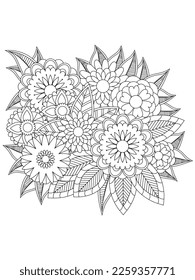 Página de coloreo vectorial en blanco y negro para libro de coloreo. Hojas y flores en colores monocromos. Dibujo floral de Doodle. Página de coloreado de la terapia artística. Hermoso adorno impecable de paisajes florales bangladesíes