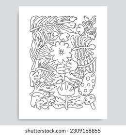 Página de coloreo vectorial en blanco y negro para libro de coloreo. Leafs y flores en colores monocromos