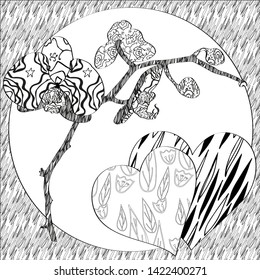Vector black and white coloring picture with ornaments, hearts and phalaenopsis orchid flowers