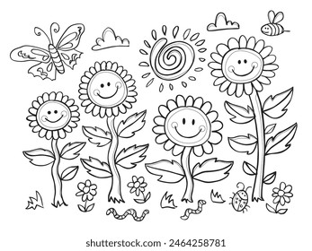 Vector negro y blanco para colorear con carita sonriente ilustración floral con remolino solar y polilla. Adecuado para niños para colorear actividad.