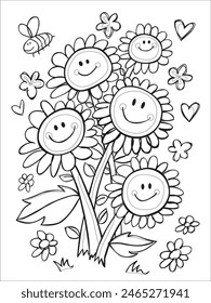 Vector black and white coloring sheet with hand drawn smiley face flower bouquet illustration with hearts and curvy stars. Suitable kids coloring activity.