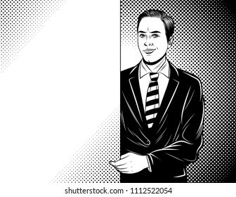 Vector black and white comic art style illustration of a young manager holding a white paper sheet. Banner with a handsome guy in suit showing to advertisement place over dot background