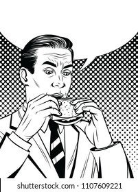 Vector black and white comic style vintage poster of a hungry businessman eating a cheeseburger. Handsome adult man in suit having lunch break with unhealthy food