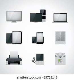 Vector black and white computer and electronics icon set. Includes desktop PC, monitor, laptop, tablet, smartphone, printer