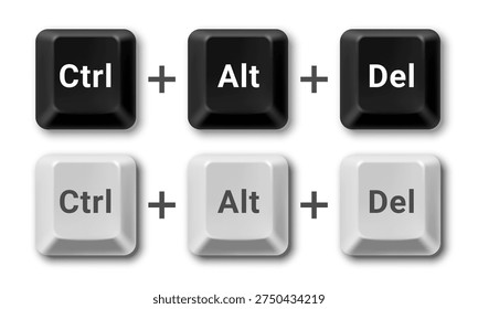 Vector black and white computer keyboard buttons of Ctrl Alt Del keys isolated on white background