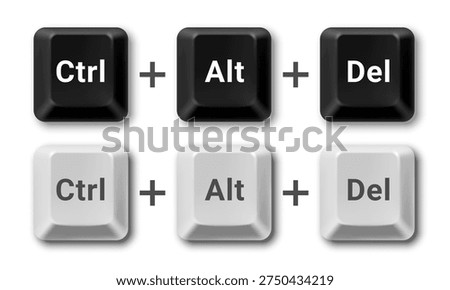 Vector black and white computer keyboard buttons of Ctrl Alt Del keys isolated on white background