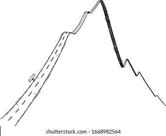 Vector black and white conceptual business drawing or illustration of road as market or financial graph or chart growing and falling down.