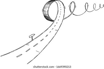 Vector Black And White Conceptual Business Drawing Or Illustration Of Turbulent Road, Problem Or Obstacle In Way, Uncertain Direction And Difficult Choices.