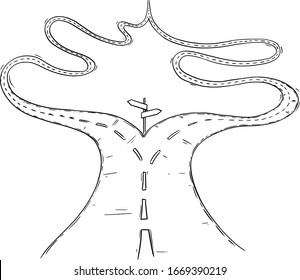 Vector black and white conceptual business drawing or illustration of fork in the road or crossroad,two ways with same destination, no decision or real options to choose from.