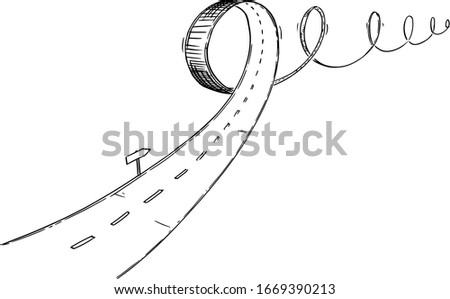 Vector black and white conceptual business drawing or illustration of turbulent road, problem or obstacle in way, uncertain direction and difficult choices.