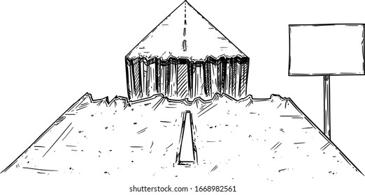Vector black and white conceptual drawing or illustration of road interrupted by chasm or break, business or career concept, obstacle in way forward.