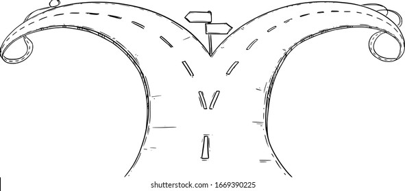 Vector black and white conceptual drawing or illustration of fork in the road or crossroad, make decision or decide or choose from two options.