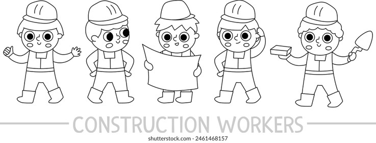 Vector black and white construction site workers set. Road work, building contractors line icons. Cute repair service engineers in uniform, hard hats. Builders illustration or coloring page for kids
