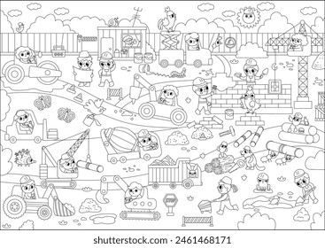 Vector black and white construction site, road work landscape illustration, coloring page. Building line scene with kid builders, transport, bulldozer, tractor, truck. Cute repair service background
