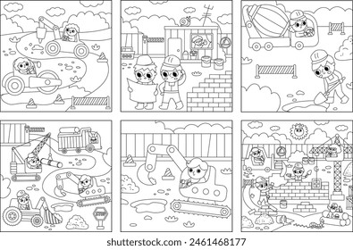 Vector black and white construction site landscape illustrations set. Line scenes collection with kid workers, vehicles, road works, building a brick house. Square backgrounds or coloring page
