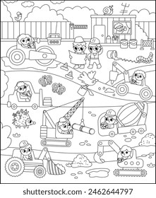 Ilustración de Vector en blanco y negro de la construcción. Escena de la línea con los conductores de los niños en tractor, camión, grúa que repara la pista. Servicio de reparación, fondo de trabajo en carretera, página para colorear con vehículo