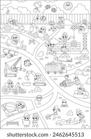 Vector blanco y negro sitio de construcción y trabajo de carretera ilustración de Vertical. Construcción de escena con niños constructores divertidos, transporte, grúa. Fondo del mapa de servicio de reparación de línea, página para colorear
