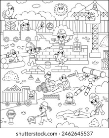 Ilustración de Vector en blanco y negro de la construcción. Escena de la línea con niños trabajadores construyendo una casa de ladrillo. Fondo de Vertical, página para colorear con constructores divertidos, grúa de elevación, vehículos
