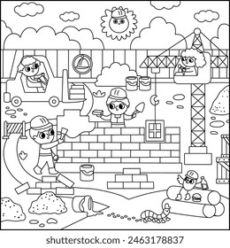 Ilustración de Vector en blanco y negro de la construcción. Escena de la línea con niños trabajadores construyendo una casa de ladrillo. Fondo cuadrado o página para colorear con constructores divertidos, grúa de elevación, vehículos
