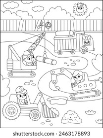 Vector black and white construction site landscape illustration. Line scene with kid drivers in tractor, truck, crane repairing track. Repair service, road work background, coloring page with vehicle