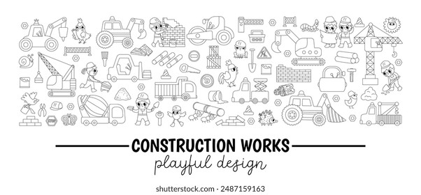 Vector black and white construction site horizontal border set with kid builders, transport, crane. Building works card template design for banners. Cute repair service line illustration
