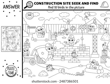 Vektorgrafik Schwarz-Weiß-Baustellensuche Spiel mit Bauwerkslandschaft. Finde versteckte Vögel. Einfache Suche und Finden pädagogische druckbare Aktivität, Malseite für Kinder mit Arbeiter
