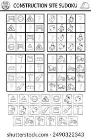 Vector black and white construction site sudoku puzzle for kids. Building works quiz with cut and glue element. Education activity or coloring page with vehicle, worker, tool. Draw missing object
