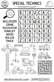 Vector black and white construction site wordsearch puzzle for kids. Word search quiz with car, excavator, bulldozer, crane. Educational cross word activity, coloring page with industrial vehicle