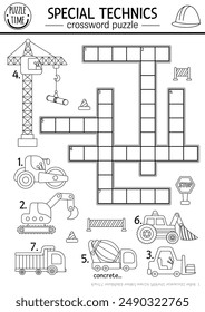 Vector black and white construction site crossword puzzle for kids. Coloring page, quiz with truck, excavator, bulldozer, lifting crane. Cute educational cross word activity with industrial vehicle