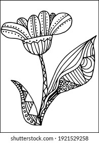 flor de color de contorno vectorial, negro y blanco, con hojas y patrones pequeños. Libro de colorantes antiestrés para adultos