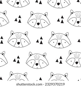 Vector black and white contour doodle hand-drawn repeating seamless childish pattern with cute scandinavian style forest animals on a white background. Cute baby animals. Scandi pattern.