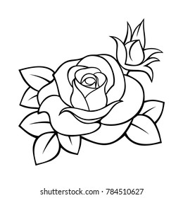Vector black and white contour drawing of a rose.