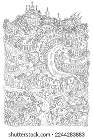 El paisaje de fantasía de contorno blanco y negro vectorial, cuento de hadas calle de pueblo pequeño, iglesia, casas, árboles de jardín y río. Página Libro de Colores para adultos y niños 