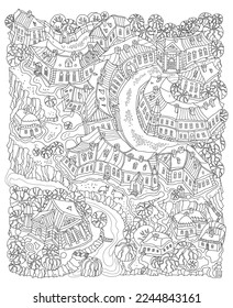 El paisaje de fantasía de contorno blanco y negro vectorial, el cuento de hadas en la pequeña calle de la ciudad, casas, árboles de jardín y río. Página Libro de Colores para adultos y niños 