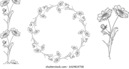 vector black and white contour flower arrangement with chamomile flowers
