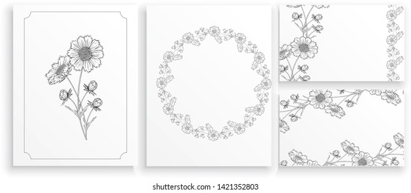 vector black and white contour flower arrangement with chamomile flowers