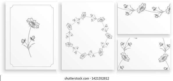 vector black and white contour flower arrangement with chamomile flowers