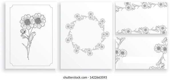 vector black and white contour flower arrangement with chamomile flowers