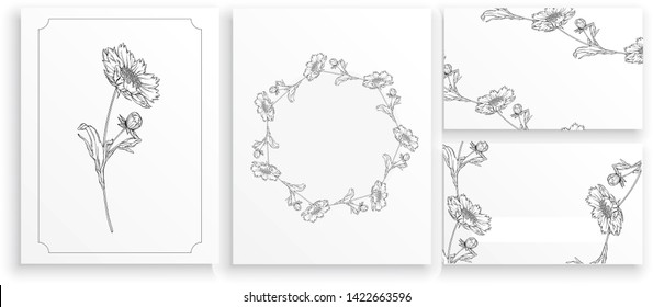 vector black and white contour flower arrangement with chamomile flowers