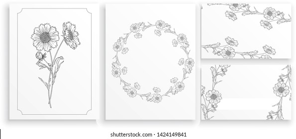 vector black and white contour flower arrangement with chamomile flowers