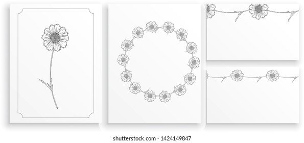 vector black and white contour flower arrangement with chamomile flowers