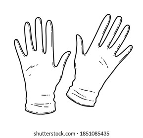 Vector black and white contour illustration of rubber gloves isolated on white background.
