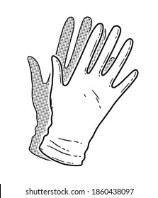 Vector black and white contour illustration of rubber gloves isolated on white background.