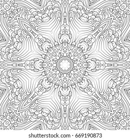 Vector black and white contour mandala in tibetan iconography style, adult coloring page design.