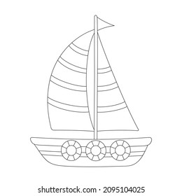 Vector black and white contour picture of a cute ship with sails on a white background. Coloring book pages for kids.