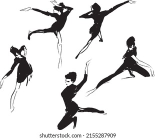 Vector black and white contour set of dancing women in different movements.